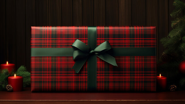 Red and Green tartan colors gift box for Christmas time. Generated ai.