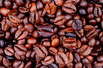 Brown Roasted Coffee Beans Closeup On, selective focus, soft focus.