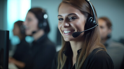 Friendly female officer smiling happily in headset working on computer in call center.