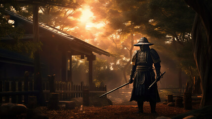 A Japanese Samurai Wearing Traditional Uniform Holding Sword near Ancient Hut in Bamboo Forest Generated AI