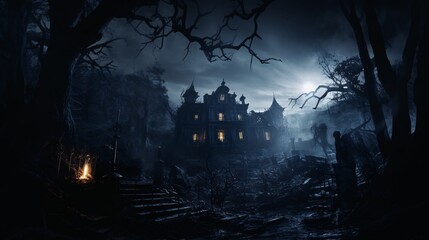 Fototapeta na wymiar Gothic Majesty: A Haunting Victorian Mansion Amidst Ominous Darkness. Captivating Gothic Architecture with EerieTrees.