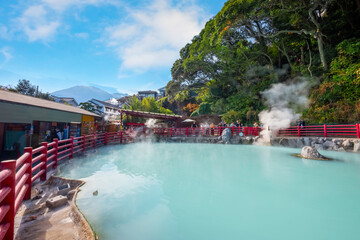 Beppu, Japan - Nov 25 2022: Kamado Jigoku hot spring in Beppu, Oita. The town is famous for its onsen (hot springs). It has 8 major geothermal hot spots, referred to as the "eight hells of Beppu"
