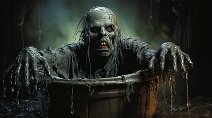 Terrifying Goblin Slime Bucket: Grotesque Goop & Creepy Mischief Unleashed in the Dark Shadows! - obrazy, fototapety, plakaty