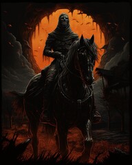 Midnight Dark Knight: Eerie Horseman Rides under a Dark Orange Full Moon, Embracing the Night's Spooky Aura