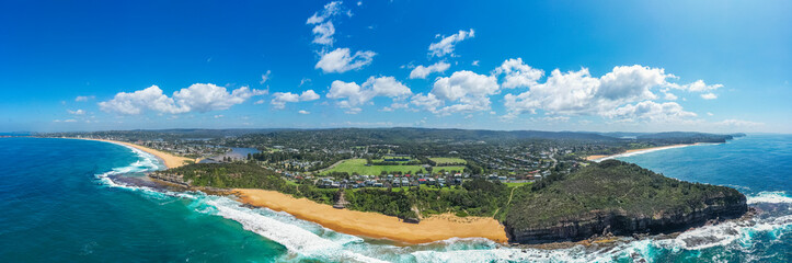 Aerial drone panoramic view of Warriewood in the Northern Beaches area in Sydney Australia