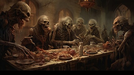 Gruesome Halloween Banquet: Sinister Feast in a Dusty, Grand Dining Hall. Eerie Delights Await! Wicked Figures Lurk, Ghostly Presence Looms, Dark Shadows Engulf. A Menacing Spectacle Unfolds!