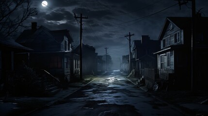 Haunted Suburban Streets: Halloween Night Under the Glowing Moon's Eerie Light. A Spooky Scene Unfolds