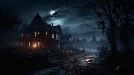 Gothic Majesty: A Haunting Victorian Mansion Amidst Ominous Darkness. Captivating Gothic Architecture with EerieTrees.