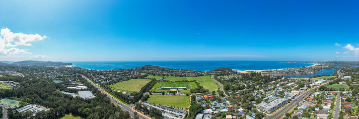 Aerial drone panoramic view of Warriewood in the Northern Beaches area in Sydney Australia
