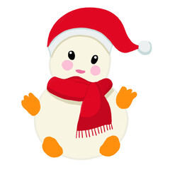 Watercolor and drawing for cute cartoon smile snow doll with merry red hat. Digital painting of icon illustration. Christmas and new year element decoration on holiday.