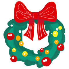 Naklejka premium Watercolor and drawing for Christmas wreath with Cherries and red ribbon. Digital painting of icon illustration. Christmas and new year element decoration on holiday.