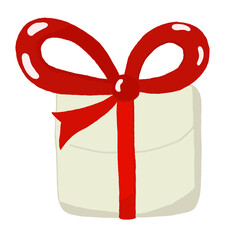 Watercolor and drawing for cute white gift box with ribbon. Digital painting of icon illustration. Christmas and new year element decoration on holiday.