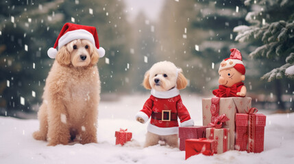 Labradoodle and poodle  in Santa Claus hat  and Santa costume sitting in showground beside gift boxes. Christmas postcard. Snowflakes in the air. Generated ai.