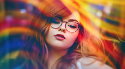 Beautiful fat young blonde woman blur soft colorful background photo. AI generation