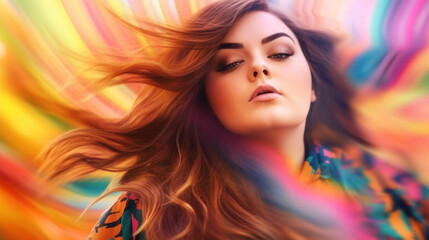 Obraz premium Beautiful fat young blonde woman blur soft colorful background photo. AI generation