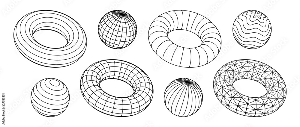 Poster Wireframe torus and spheres collection. 3d outline grid shapes with different patterns. Black geometric elements for design templates, icons, logo. Abstract objects with connected lines. Vector pack