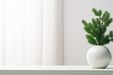 Christmas and New Year's home decoration. A white wall with no objects, decorated with green fir branches placed in a vase on a white table. This mock-up can be used to showcase various artworks.