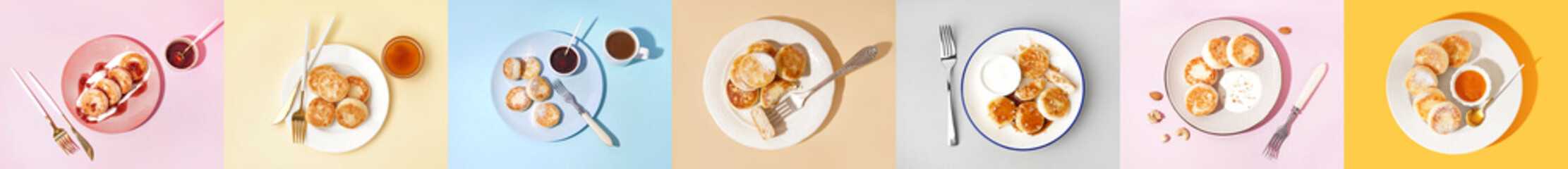 Set of tasty cottage cheese pancakes on color background, top view