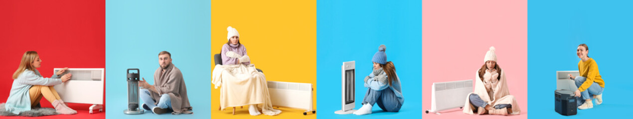 Set of freezing people and portable electric heaters on color background. Concept of heating season