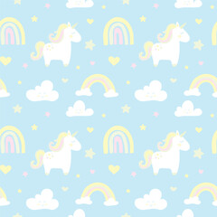 Fototapeta premium Childish seamless pattern with cute unicorns, clouds, stars and rainbows.