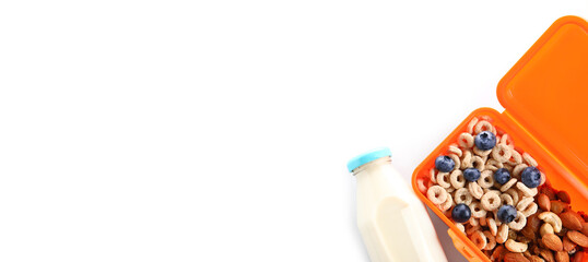 Lunchbox with tasty food and bottle of milk on white background with space for text