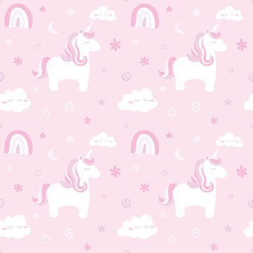 Childish seamless pattern with cute unicorns, clouds, stars and rainbows. © Sabavector