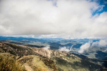 Mount Buffalo National Park, Victoria. Australia. Australian Alps views from the Horn picnic area. Mountains and clouds scenic view