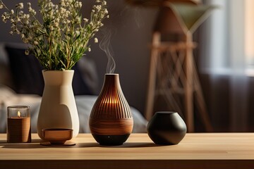 An aroma oil diffuser and a reed air freshener are placed on a table within a room.