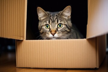 At home, there is a charming grey tabby cat comfortably seated inside a cardboard box on the floor.