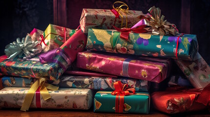 Christmas Gifts - A Colorful Background with Multiple Presents Wrapped in Different Wrapping Paper, Ribbons, and Bows, Evoking the Excitement of Christmas Morning. Generative AI