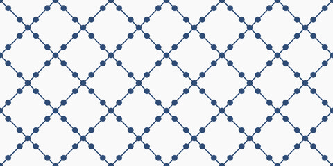Empty diamonds, with dots along the edges. Grid of rhombuses. Vector. Seamless. Design for textile, fabric, clothing, curtain, rug, batik, ornament, background, wrapping.