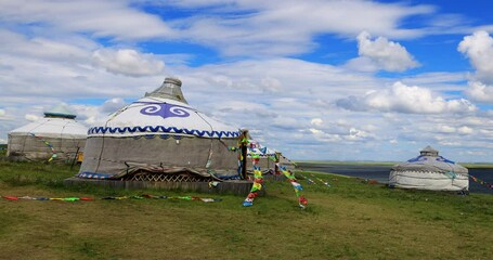 Yurts by Lake Hohnol,Hulunbuir grassland.Hulunbuir Grassland, is a world famous natural pasture, is one of the world's four grasslands, known as the world's best grassland.