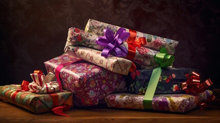 Fototapeta na wymiar Christmas Gifts - A Colorful Background with Multiple Presents Wrapped in Different Wrapping Paper, Ribbons, and Bows, Evoking the Excitement of Christmas Morning. Generative AI
