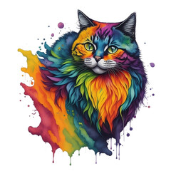 Watercolor Cat On A Transparent Or White Background. Abstract Portrait Colorful Cat Kitten