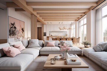 Contemporary and opulent open-concept apartment featuring a lavish Scandinavian-inspired design. The interior boasts a wealth of high-end elements such as beautiful wooden ceiling beams, adorned in - obrazy, fototapety, plakaty