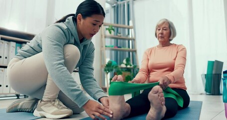 Physiotherapist, band or old woman stretching legs to help in physical therapy for mobility rehabilitation exercise. Elderly patient, resistance bands or physiotherapy workout for muscle flexibility - Powered by Adobe
