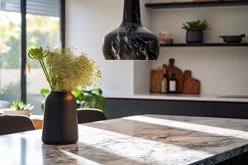 Close-up image of a kitchen marble bench adorned with a hanging pendant light and a black vase.