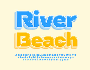 Vector travel logo River Beach. 3D Blue Font. Modern Alphabet Letters and Numbers set