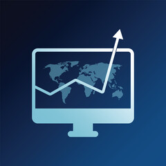 Computer monitor with growing rising arrow icon with world map on blue background. Business Concept. Flat design style Vector illustration