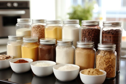 Baking ingredients are properly arranged and identified in BPA-free containers made of plastic.