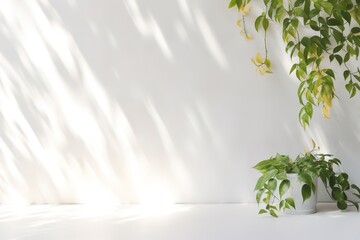 Empty template Bali style white grey wall background for text, green exotic foliage, copyspace with shiny sunlight rays, generative ai.