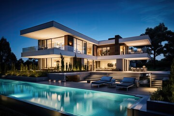 Fototapeta premium Contemporary residence designed to exhibit a stylish house exterior that includes a swimming pool.