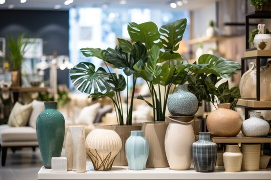 Assorted interior decor items are on display at a store in a shopping center. The store offers a range of home accessories and household products. Among the items available, there is also a home plant