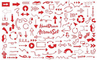おしゃれインクペン手描きの矢印・アローベクターアイコン素材セット_赤色_背景透過