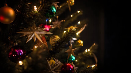 Christmas Tree Close-Up with Colorful Ornaments, Twinkling Lights, and a Golden Star on Top. Perfect for Christmas Cards, Festive Decor, and Spreading Holiday Cheer. Generative AI 