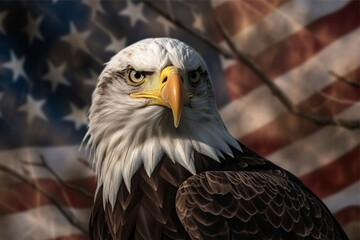 Fototapeta premium Bald Eagle in front of an american flag - 3D render
