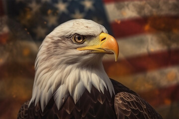 Obraz premium Bald Eagle in front of an american flag - 3D render