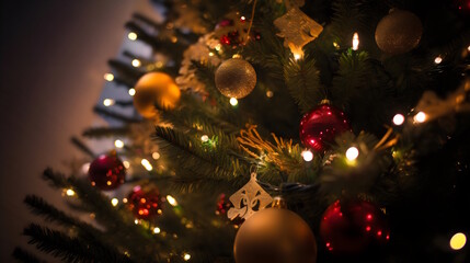 Christmas Tree Close-Up with Colorful Ornaments, Twinkling Lights, and a Golden Star on Top. Perfect for Christmas Cards, Festive Decor, and Spreading Holiday Cheer. Generative AI 