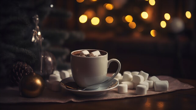 A close-up of a cup of hot cocoa with marshmallows on a side table next to a cozy armchair, with the Christmas tree in the background. Generative AI 