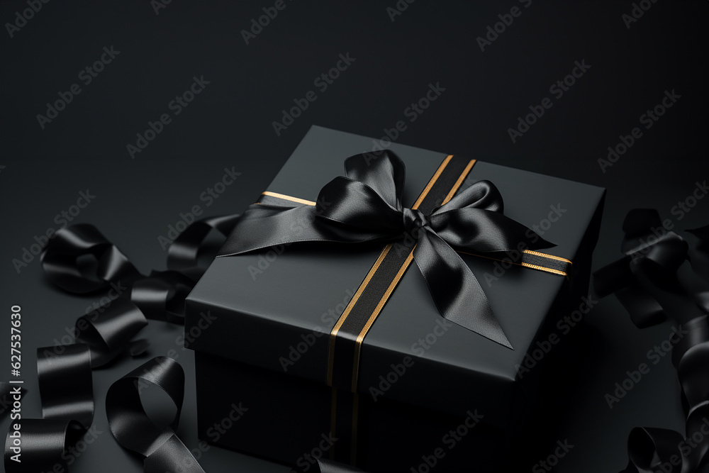 Wall mural black gift box on black background with empty space for text.